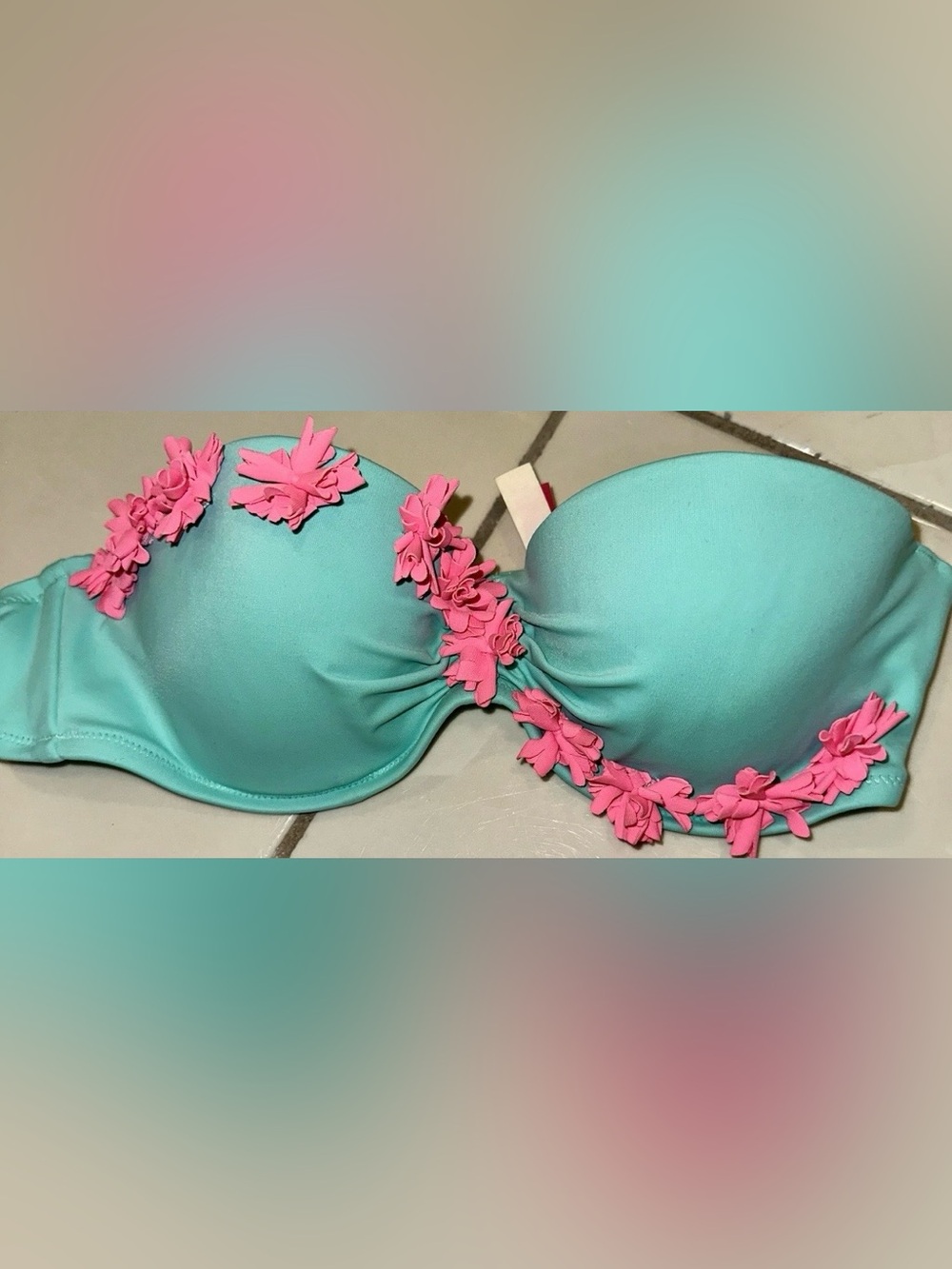 Victoria's Secret bikini top Aqua Bra with Pink Floral Accents 34B